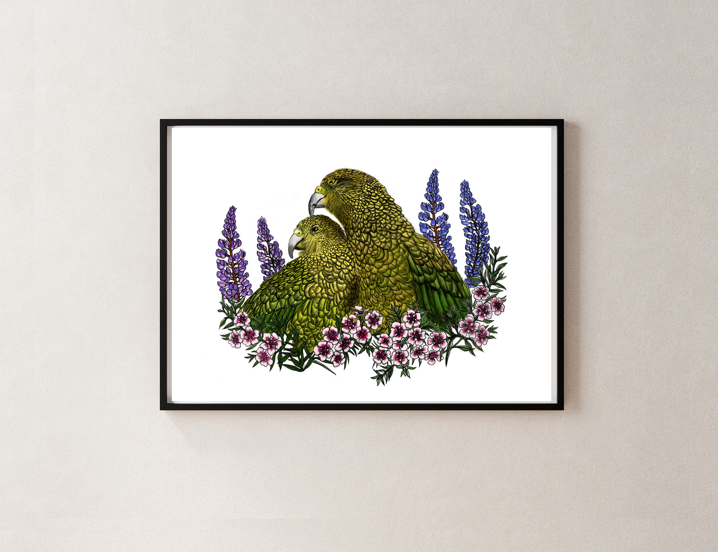 Kea, Mānuka & Lupin – NZ Native Bird & Botanical Giclée Art Print