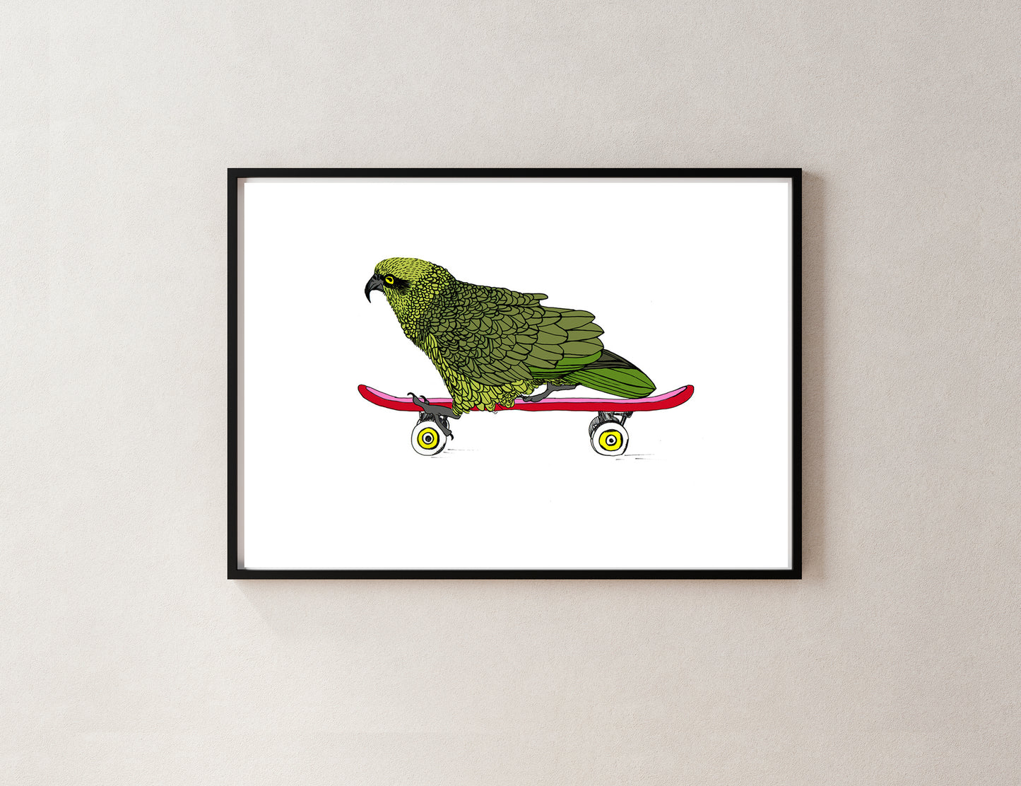 Kea on a Skateboard – NZ Native Bird Giclée Print | Illustrated Art