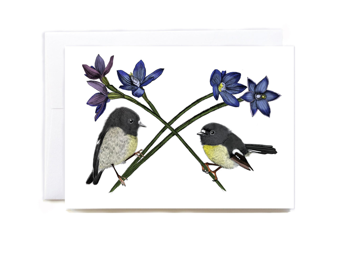 New Zealand native Miromiro (Tomtit) & NZ Orchids greeting card - tuiornottui.com