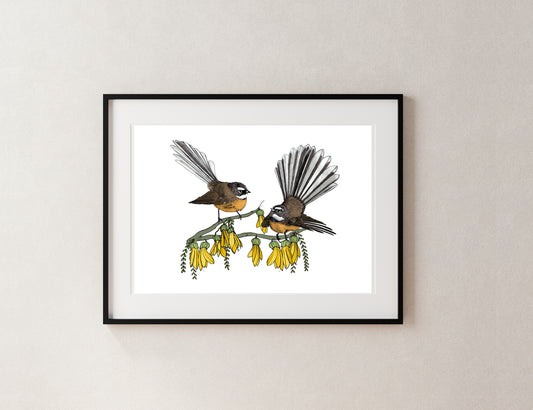 Fantail & Kōwhai – NZ Native Bird & Botanical Giclée Art Print