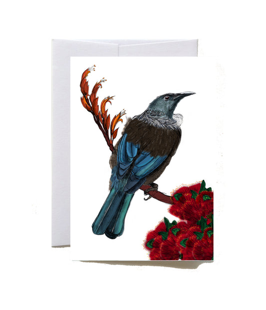 New Zealand native Tui & Pōhutukawa greeting card