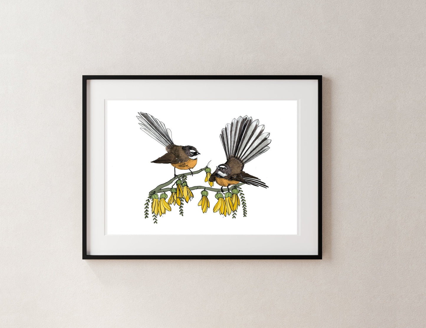 Fantail & Kōwhai – NZ Native Bird & Botanical Giclée Art Print - tuiornottui.com
