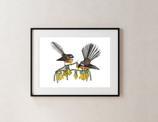 Fantail & Kōwhai – NZ Native Bird & Botanical Giclée Art Print - tuiornottui.com