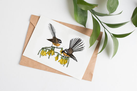 New Zealand native Pīwakawaka & Kōwhai greeting card