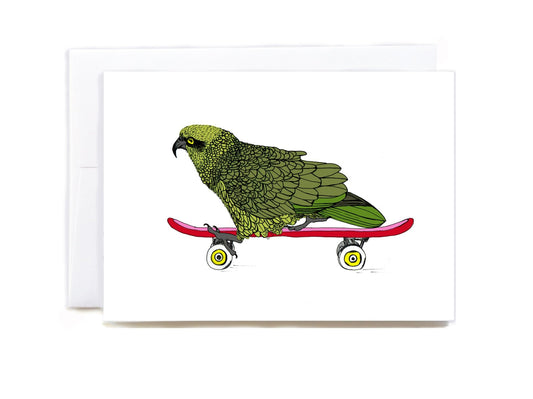 Kea on Skateboard greeting card - tuiornottui.com