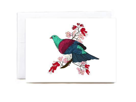 New Zealand native Kererū & Pūriri flowers greeting card - tuiornottui.com