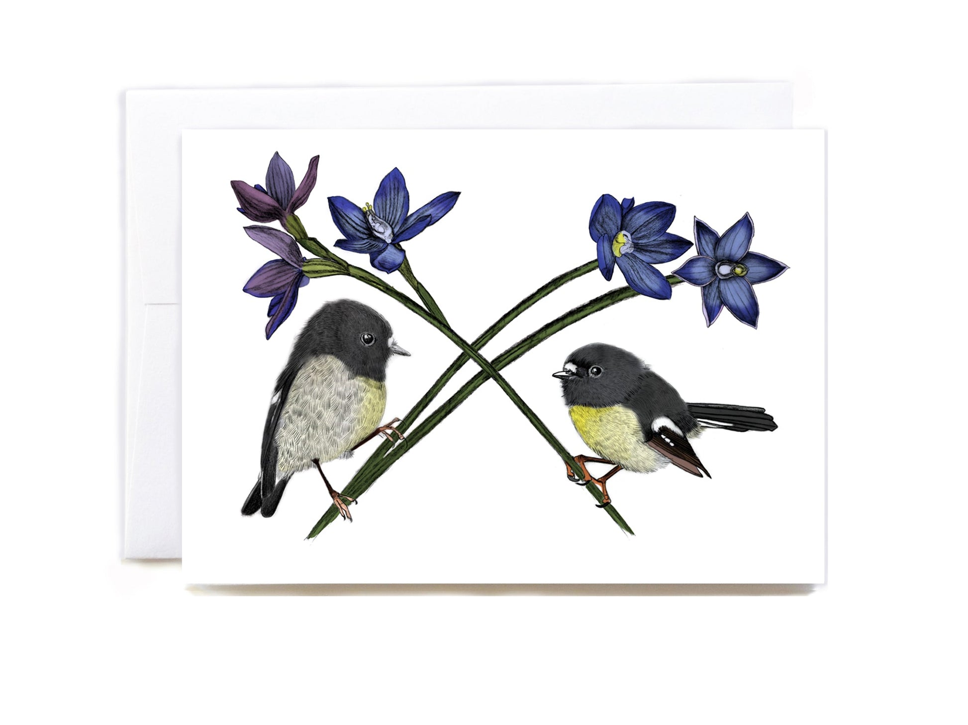 New Zealand native Miromiro (Tomtit) & NZ Orchids greeting card - tuiornottui.com