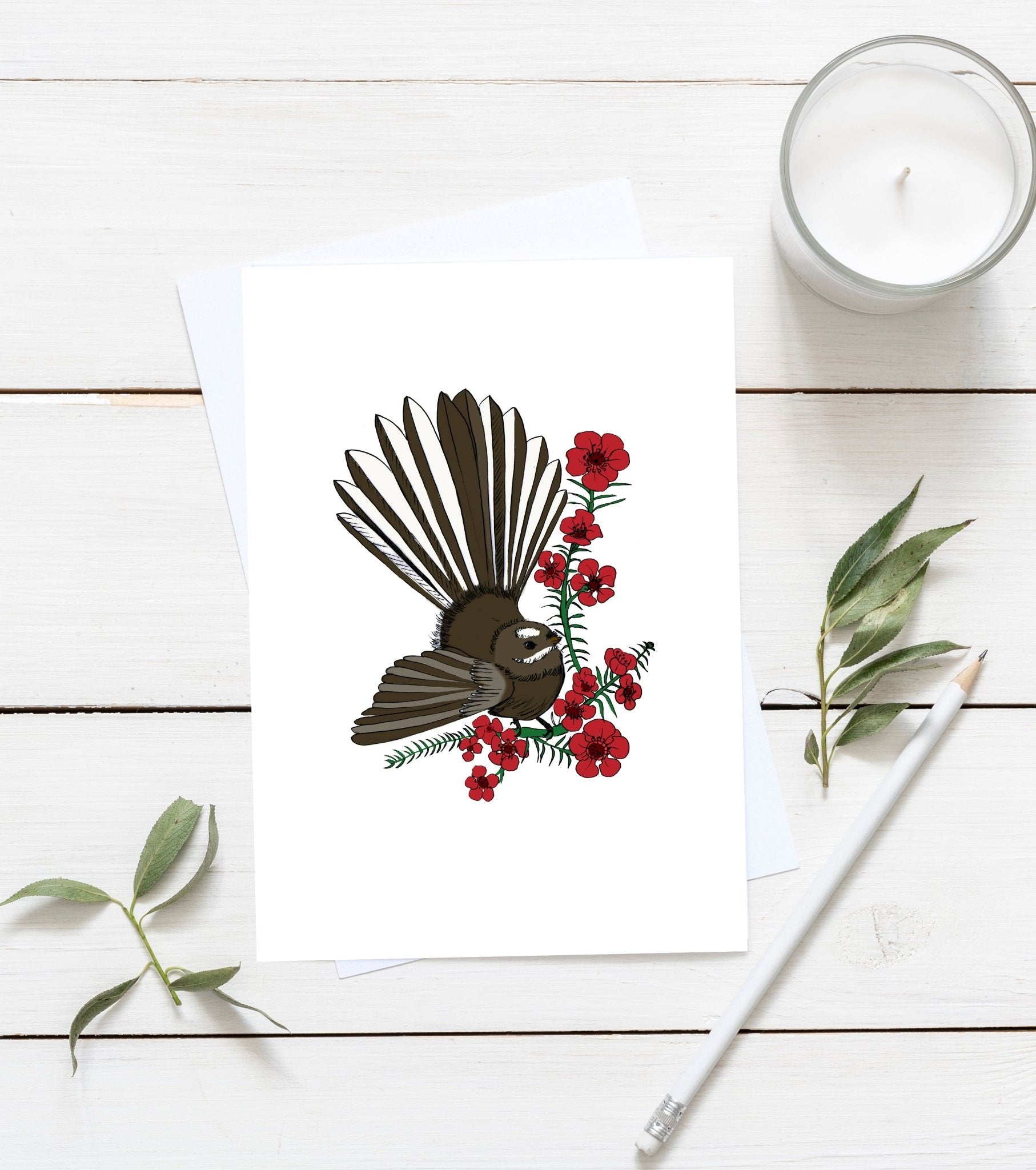 New Zealand native Pīwakawaka & Mānuka greeting card - tuiornottui.com
