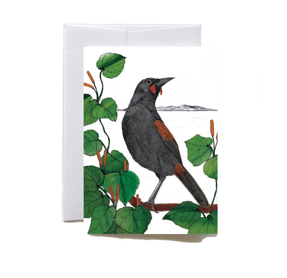 New Zealand Saddleback & Kawakawa greeting card - tuiornottui.com