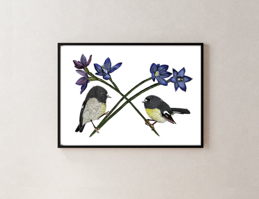 Tomtit & New Zealand Orchid | Fine Art Giclée Print - tuiornottui.com